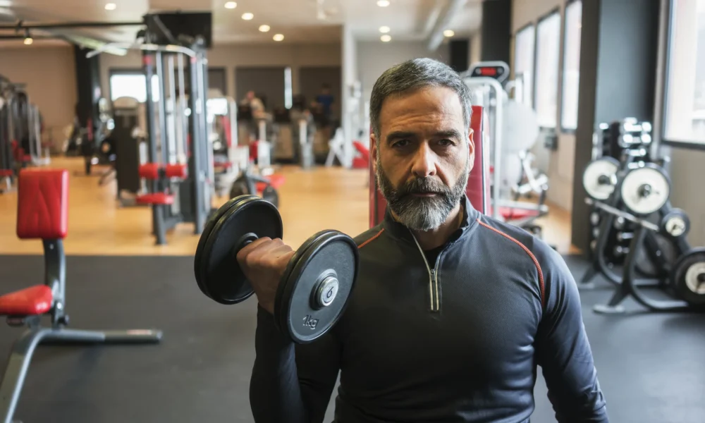 A man in his forties with grey hair and a beard performing a dumbbell bicep curl in a UK gym, representing strength training after 40
