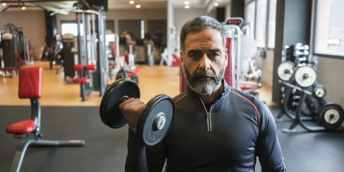 A man in his forties with grey hair and a beard performing a dumbbell bicep curl in a UK gym, representing strength training after 40