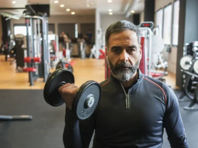 A man in his forties with grey hair and a beard performing a dumbbell bicep curl in a UK gym, representing strength training after 40