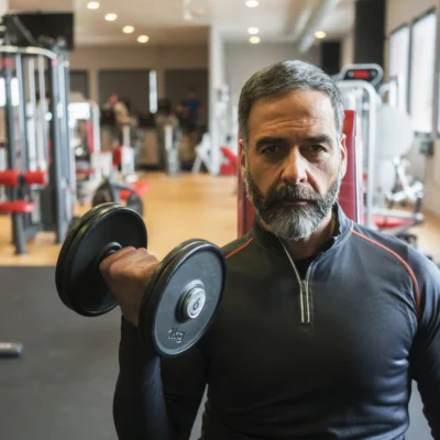 A man in his forties with grey hair and a beard performing a dumbbell bicep curl in a UK gym, representing strength training after 40