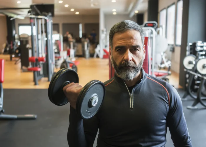A man in his forties with grey hair and a beard performing a dumbbell bicep curl in a UK gym, representing strength training after 40